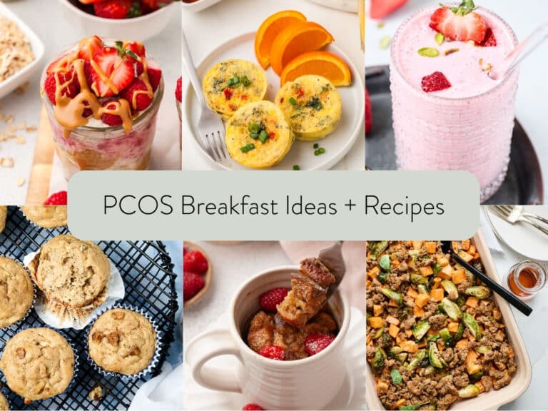 collage of different pcos friendly breakfast meals with text overlay: pcos breakfast ideas and recipes.