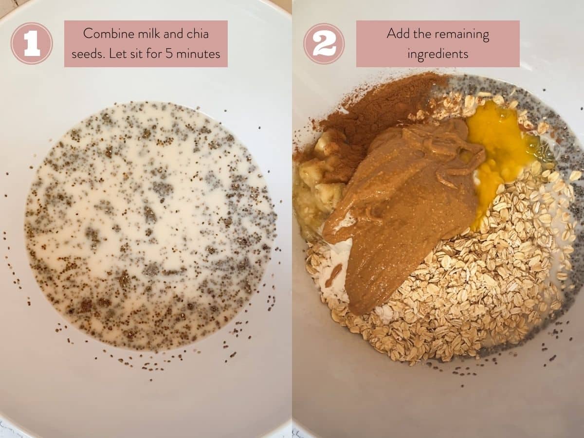 Two side-by-side photos documenting steps 1 and 2 of the recipe process. Step 1: chia seeds soaking in milk. Step 2: a bowl with oats, chia seeds, milk, eggs, peanut butter, banana, and cinnamon in it. 