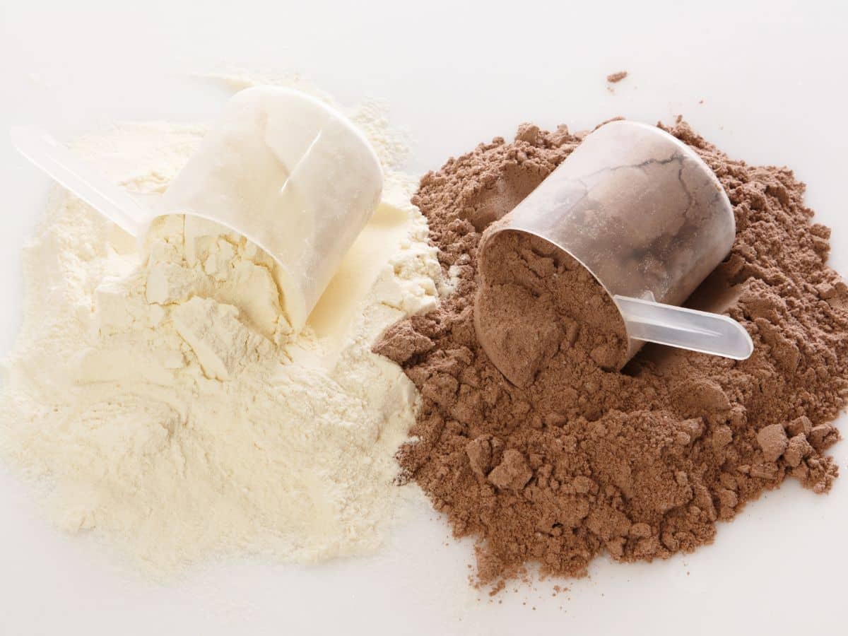 Photo of white and brown colored protein powder spread out on a countertop with the scoops.