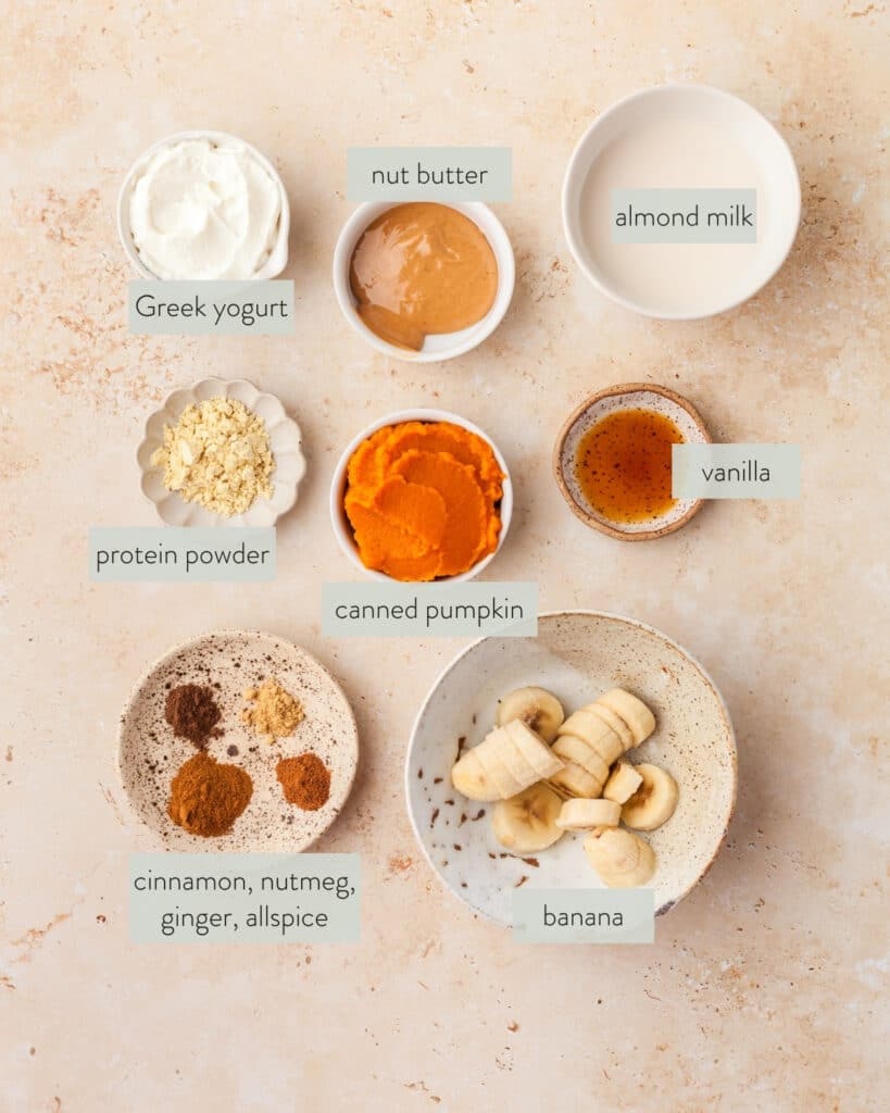 ingredients needed to make a healthy pumpkin smoothie recipe.