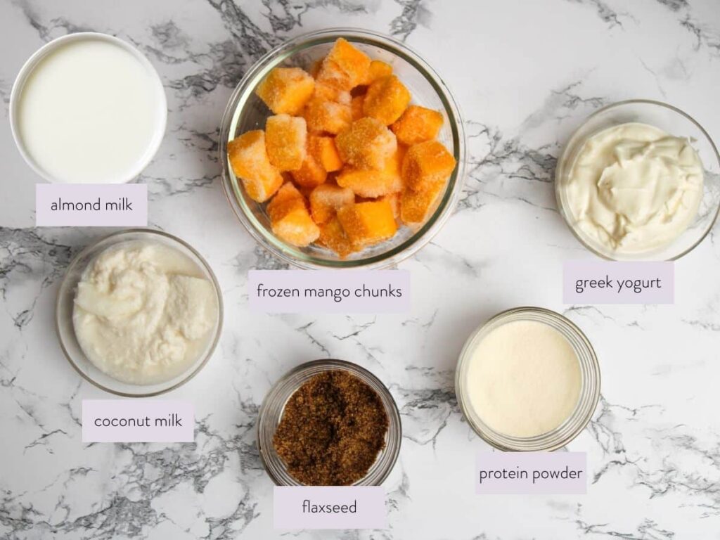 photo of the ingredients needed to make a mango protein smoothie
