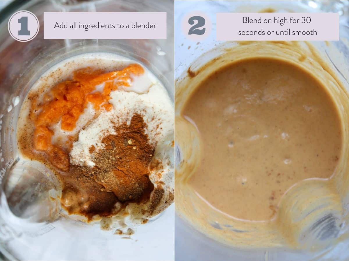two side by side photos of pumpkin smoothie ingredients in a blender on the left (not blended). Then the finished, blended product on the right in the blender.