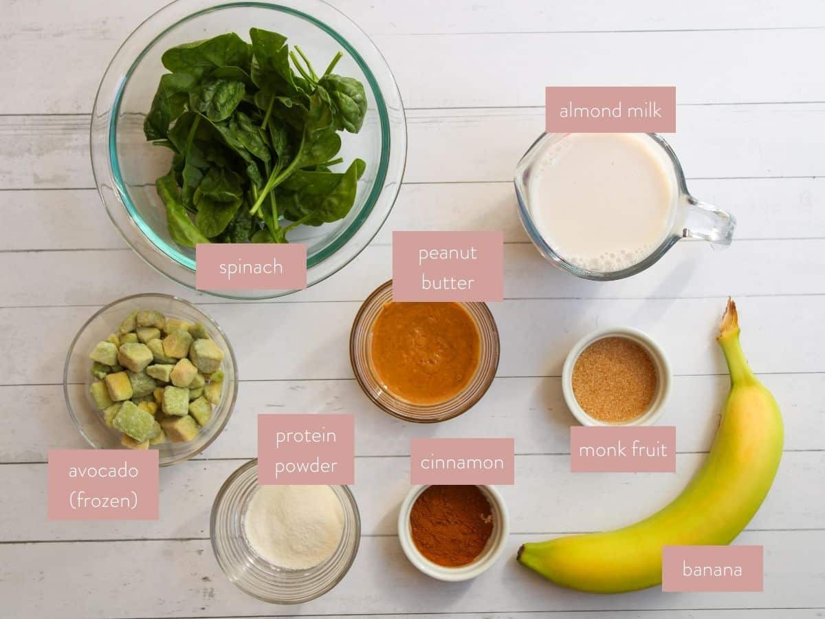 overview of the separate ingredients needed for a peanut butter avocado smoothie