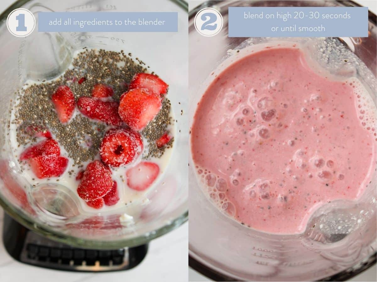 process shots of how to make a strawberry cottage cheese smoothie. Photo on the left is all ingredients added to the blender and the photo to the right is a pink blended smoothie