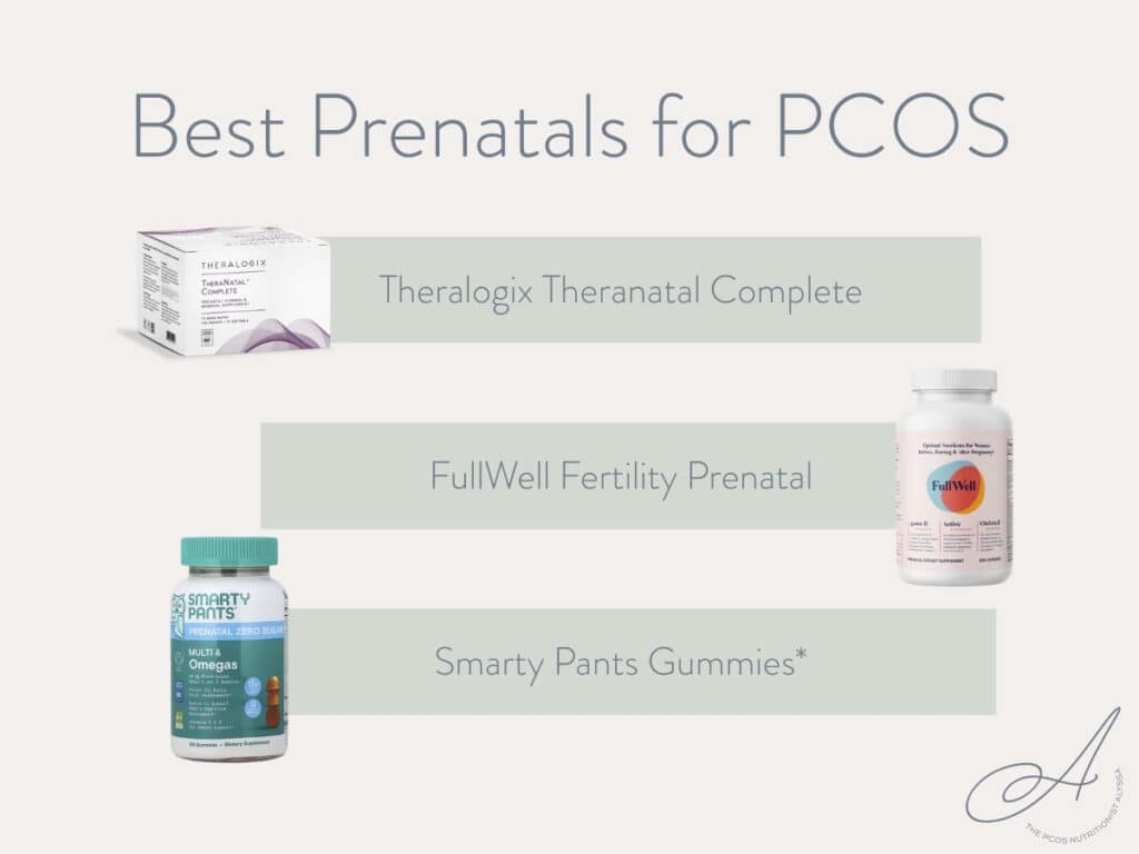 infographic with three best prenatal vitamins for pcos.