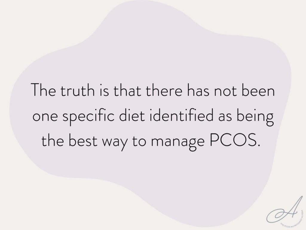 infographic with text overlay stating: The truth is that there has not been one specific diet identified as being the best way to manage PCOS. 