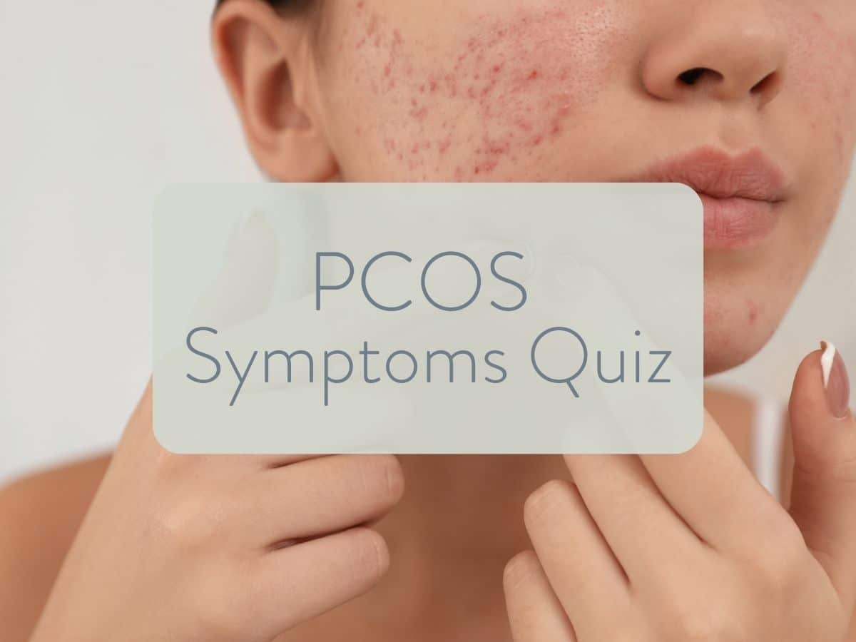 background photo of a woman with acne with text overlay stating "pcos symptoms quiz".