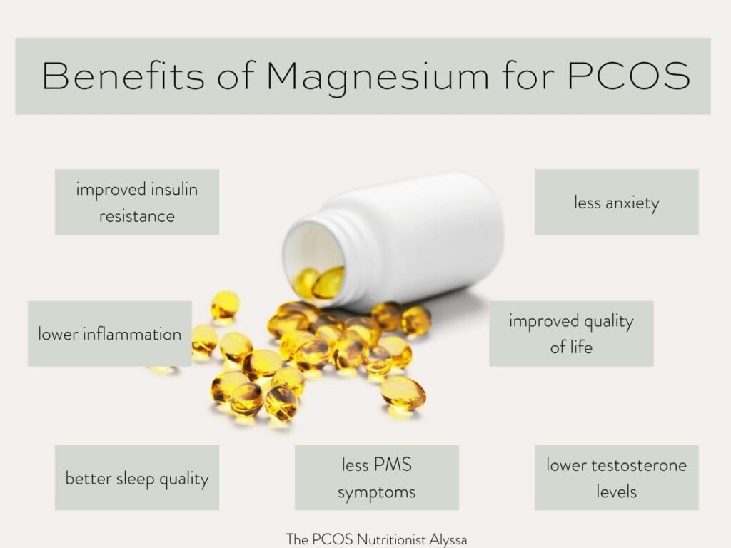 infographic with the benefits of magnesium for pcos listed.