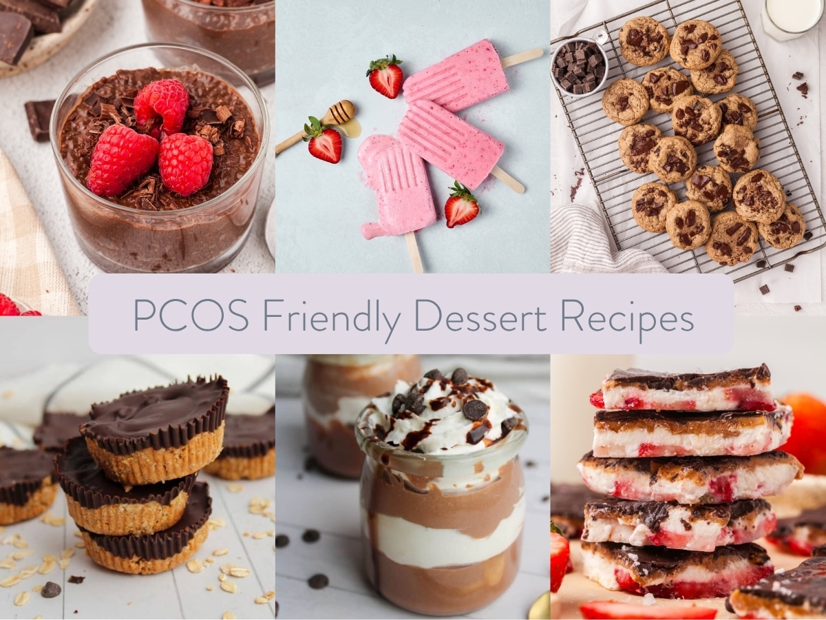 collage of pcos friendly dessert recipes with text overlay stating PCOS friendly dessert recipes.