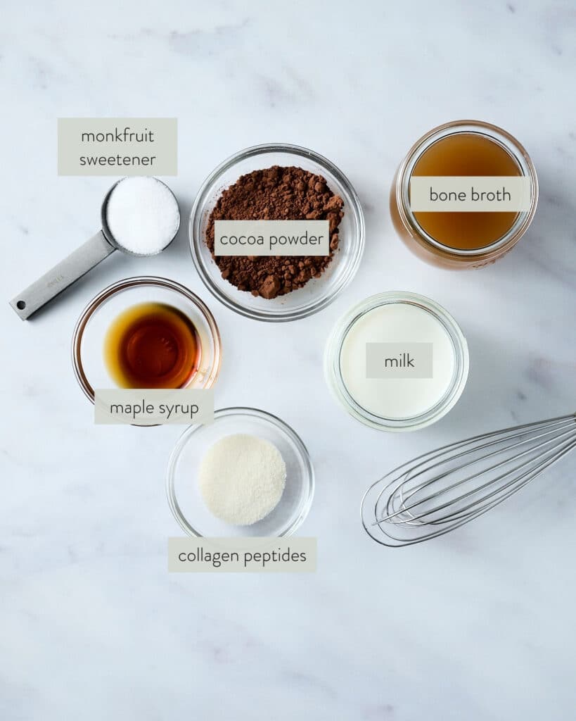 ingredients needed to make bone broth hot chocolate.