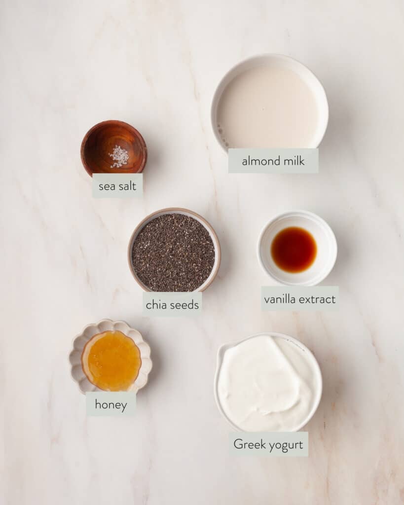 ingredients to make greek yogurt chia pudding.
