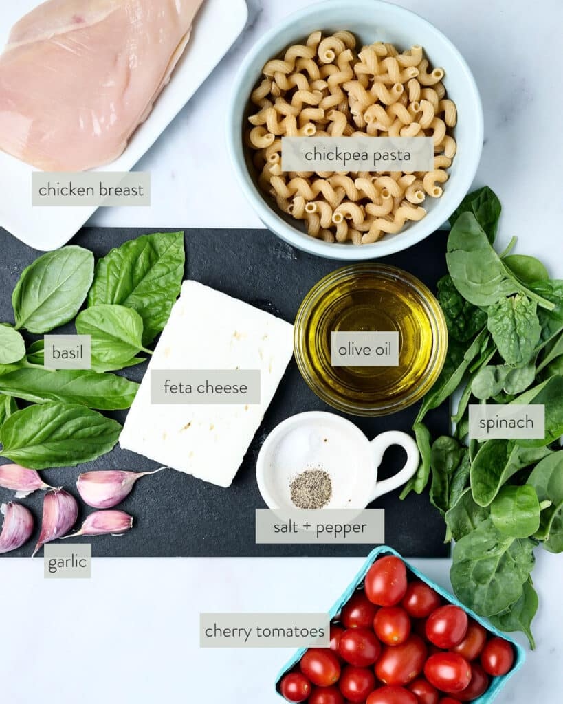 ingredients needed to make a baked feta pasta recipe.