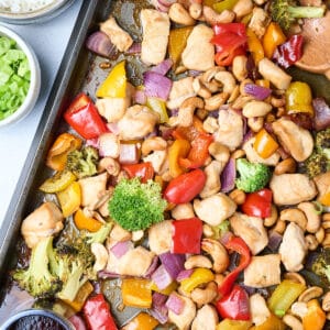 sheet pan cashew chicken on a sheet pan.