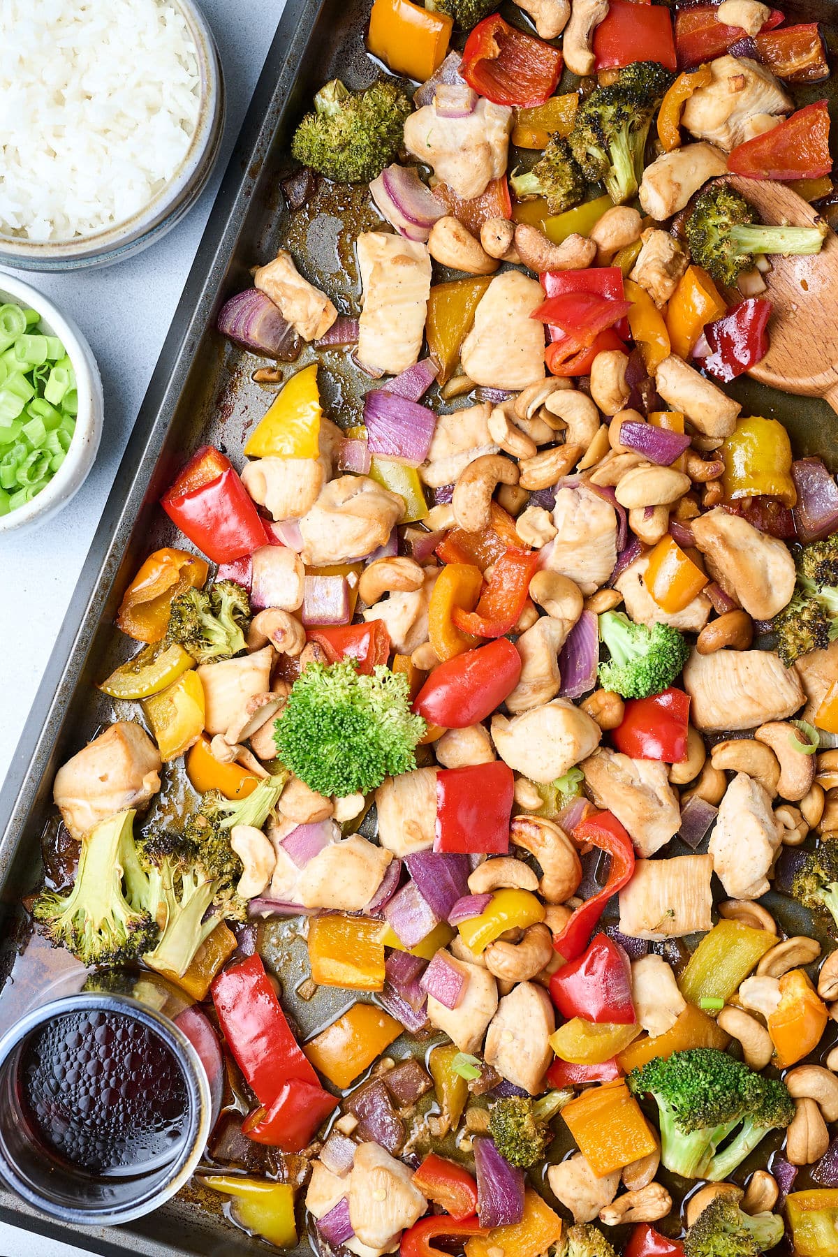 sheet pan cashew chicken on a sheet pan.