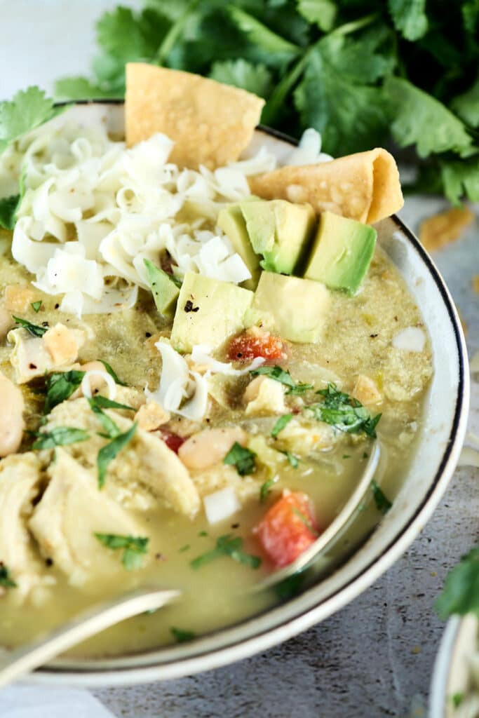 green enchilada chicken soup in a bowl with spoon and toppings.