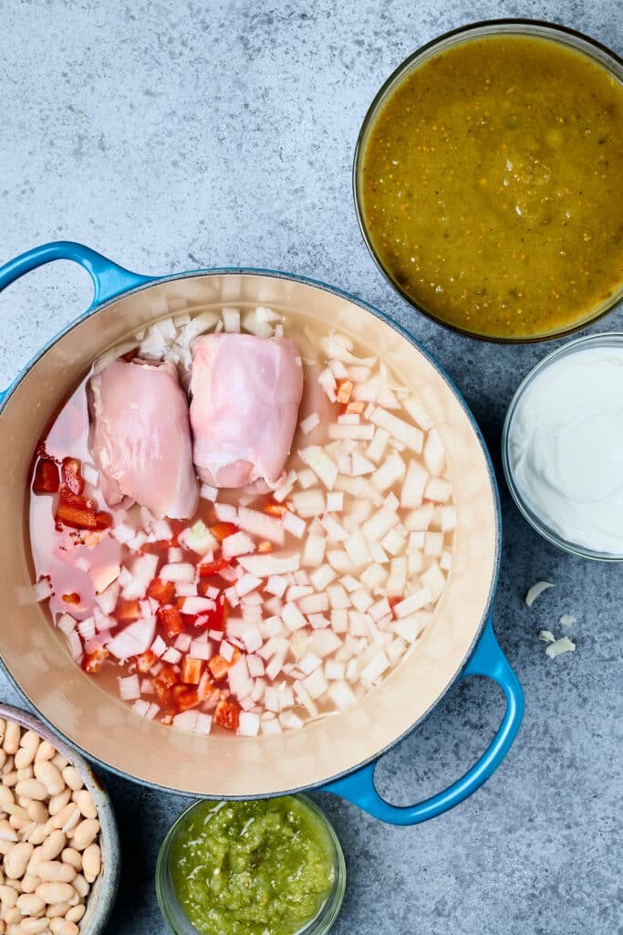 first step of making green enchilada chicken soup.