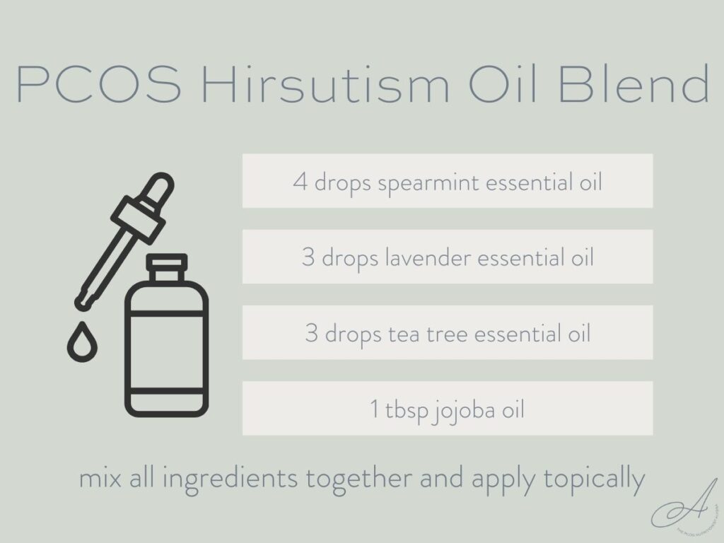 infographic for a natural essential oils hormone blend for PCOS hirsutism.