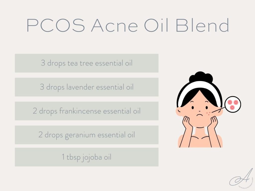 infographic for a natural essential oils hormone blend for PCOS acne.