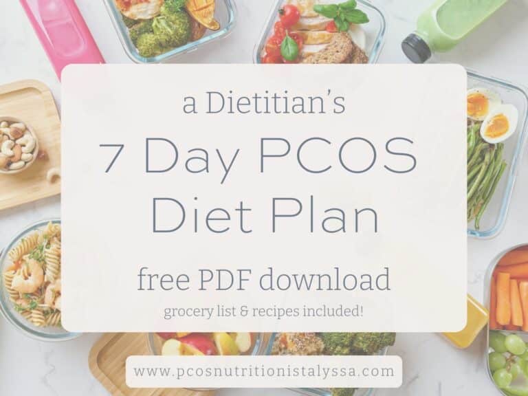 meals in the background with text overlay: a dietitian's 7 day pcos diet plan free pdf download.