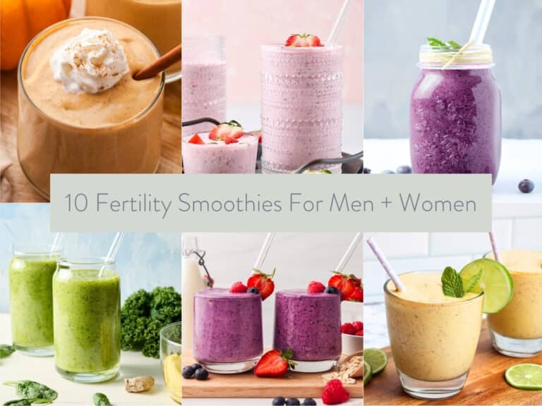 collage of smoothie pictures with text overlay stating: 10 fertility smoothies for men and women.