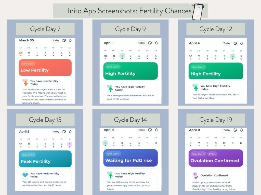 screenshots of inito app for certain cycle days.