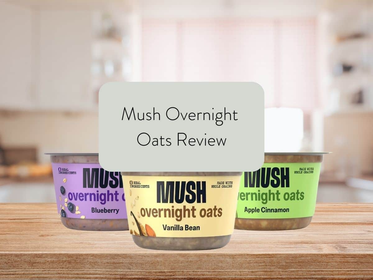 different flavors of mush overnight oats on a countertop with text overlay stating mush overnight oats review.