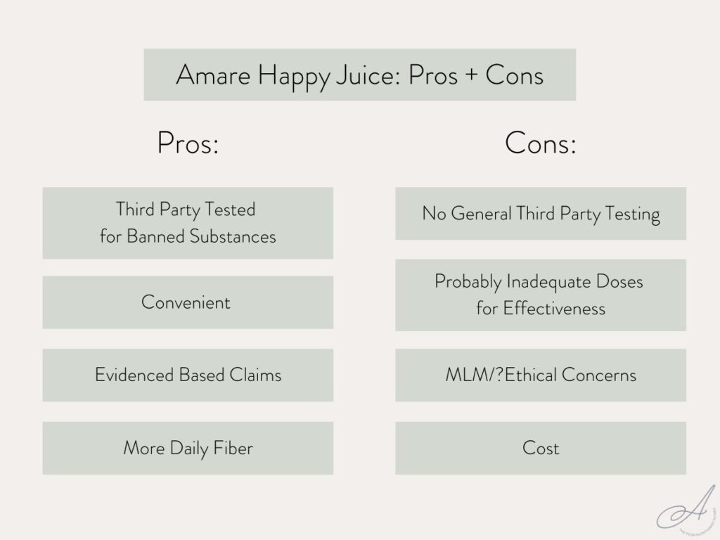 infographic on the pros and cons of amare happy juice.