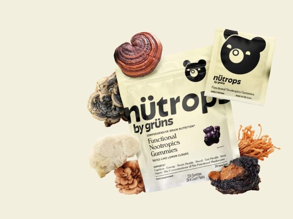nutrops bag with mushrooms around it.