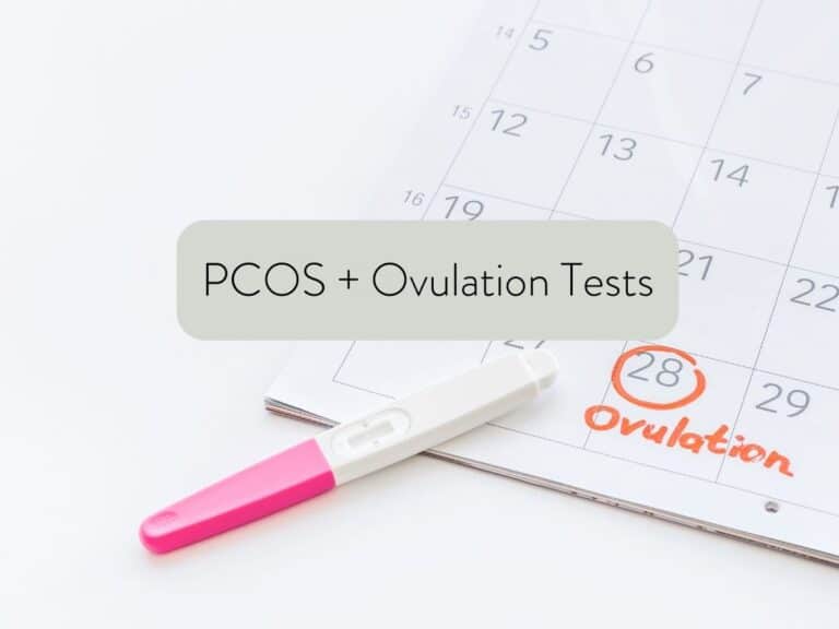 calendar with red circle marking ovulation; text overlay states "pcos and ovulation tests".