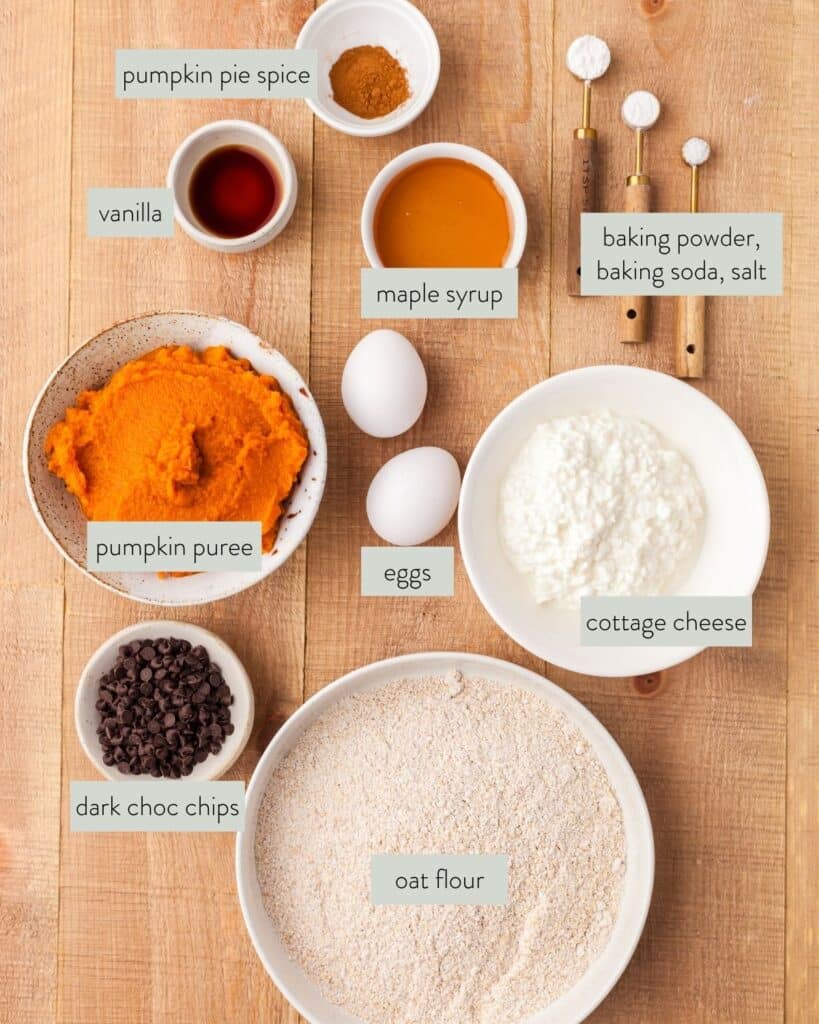 ingredients needed to make cottage cheese pumpkin muffins.