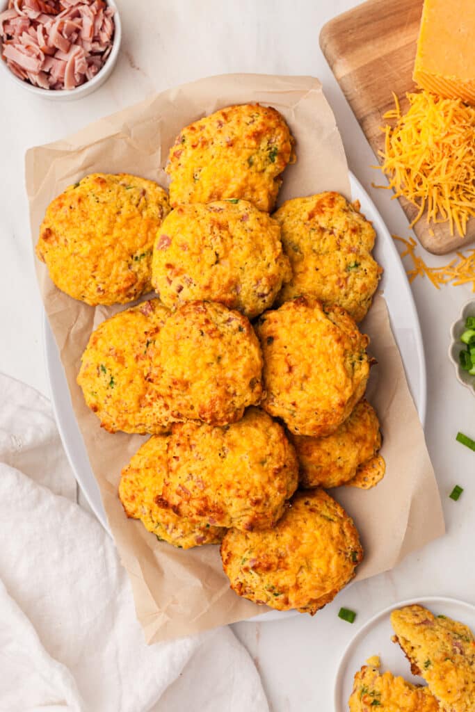 high protein biscuits on a parchment lined platter.