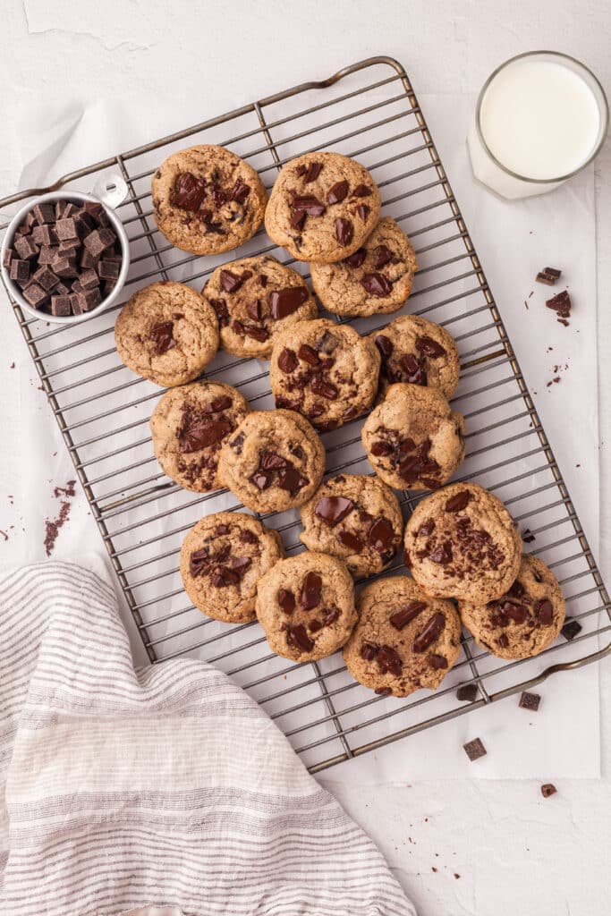 pcos friendly chocolate chip cookies on wire rack.