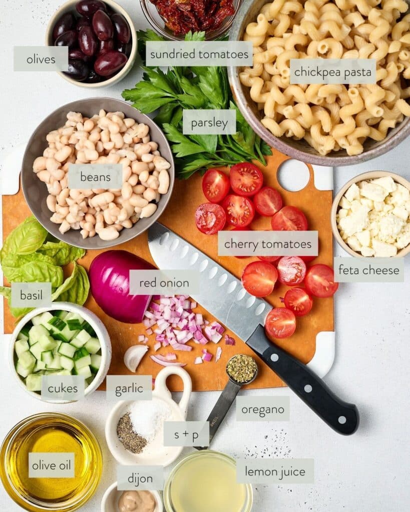 ingredients needed to make a bean pasta salad recipe.