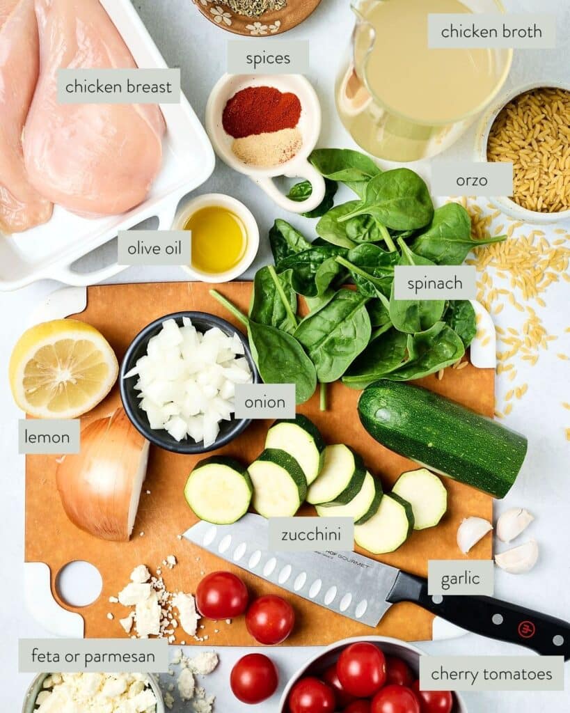 ingredients needed to make a chicken orzo bake recipe.