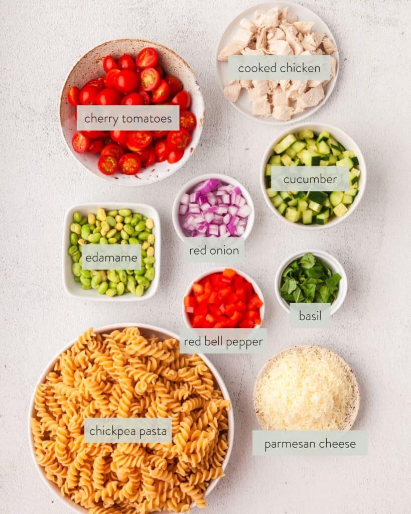 ingredients needed to make high protein pasta salad.