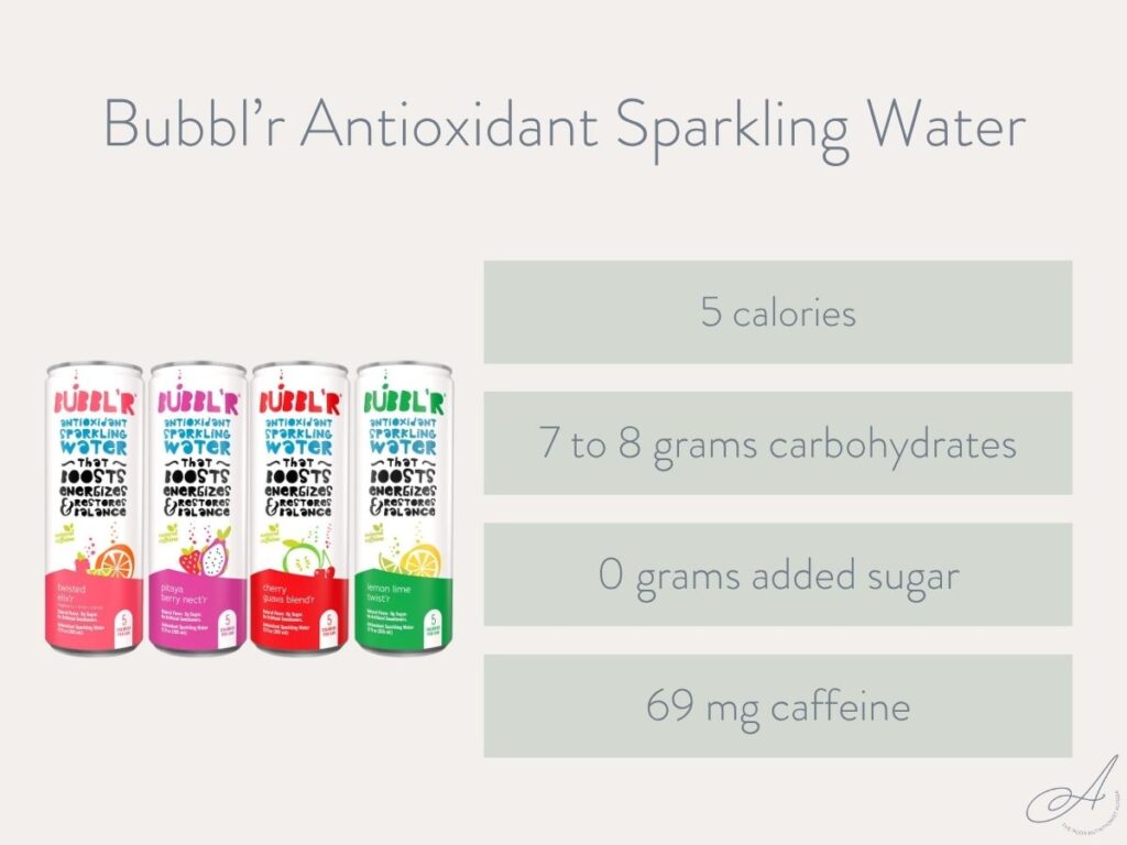 infographic highlighting the nutrition of bubbl'r antioxidant sparkling water drinks.