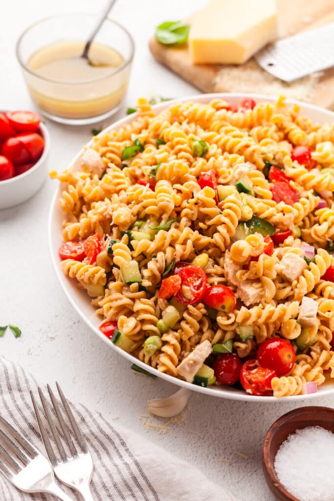 high protein pasta salad on a large white plate.
