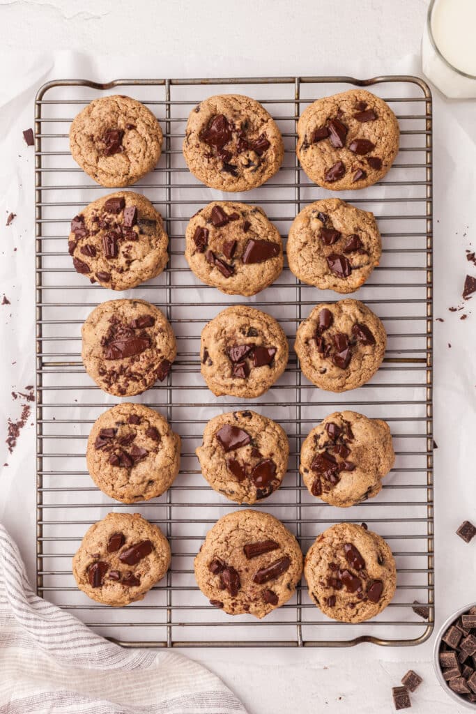 pcos friendly chocolate chip cookies on wire cooling rack.