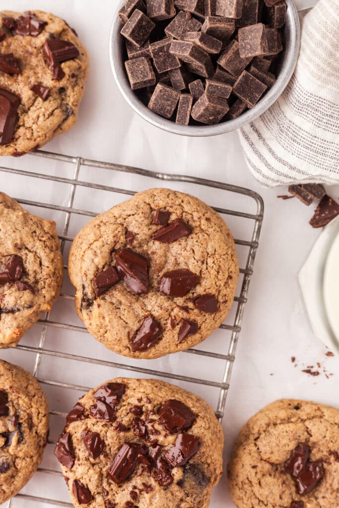 pcos friendly chocolate chip cookies on a wire cooling rack overhead view.