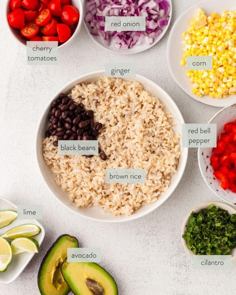 ingredients for the bowl portion of southwest chicken bowls.
