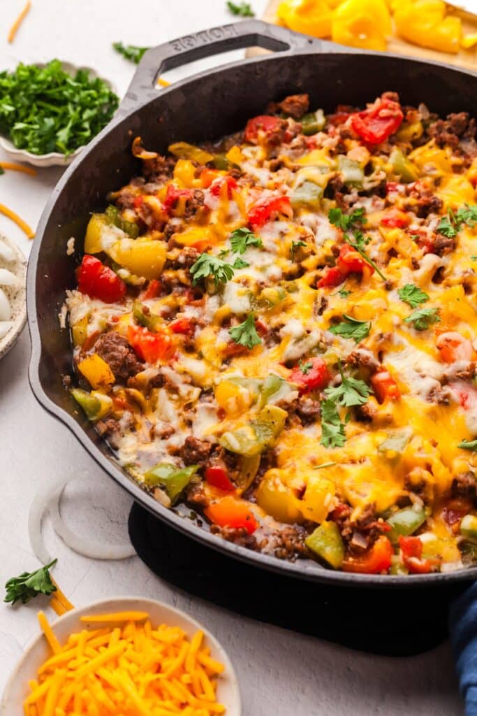 unstuffed peppers in a cast iron skillet.