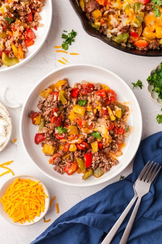 unstuffed peppers recipe in a white bowl.