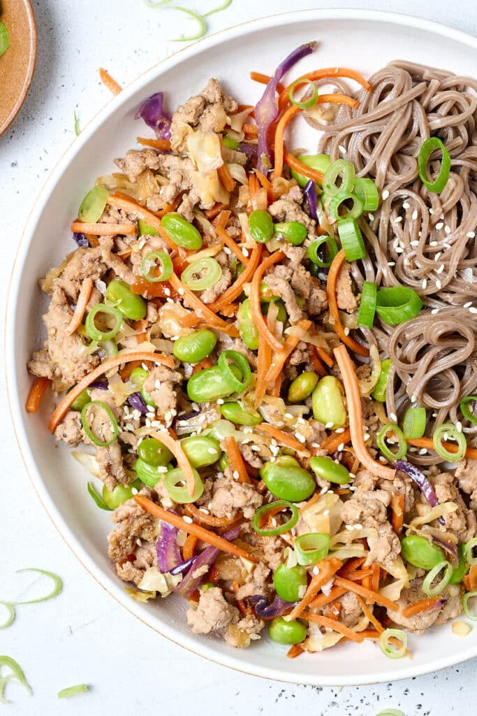 egg roll ground turkey bowls with soba noodles in a white bowl.