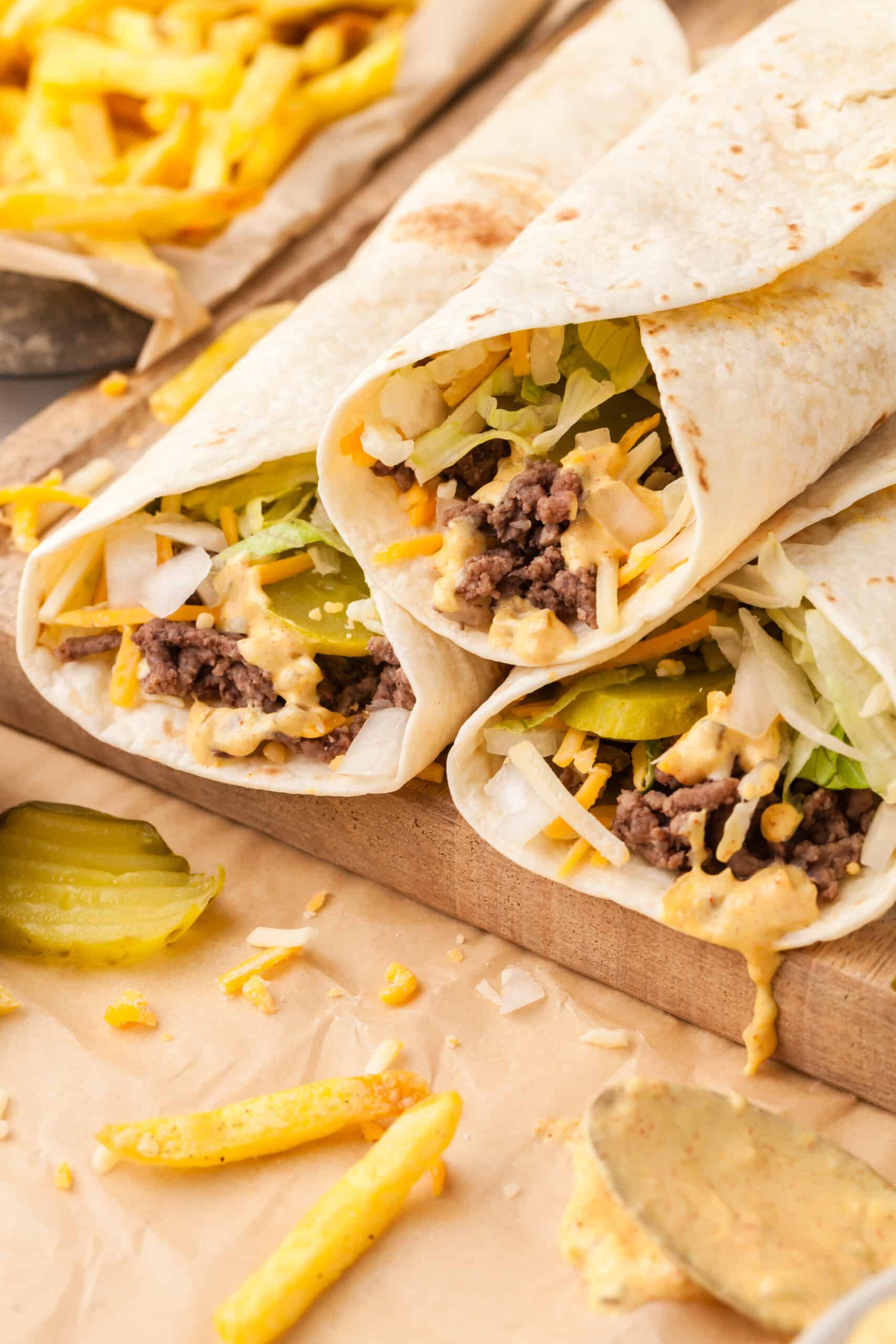 healthy big mac wraps stacked as a pyramid.