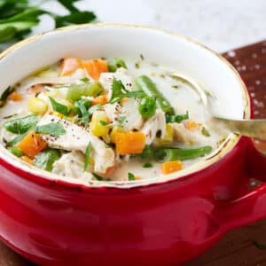chicken pot pie in a red bowl with spoon.