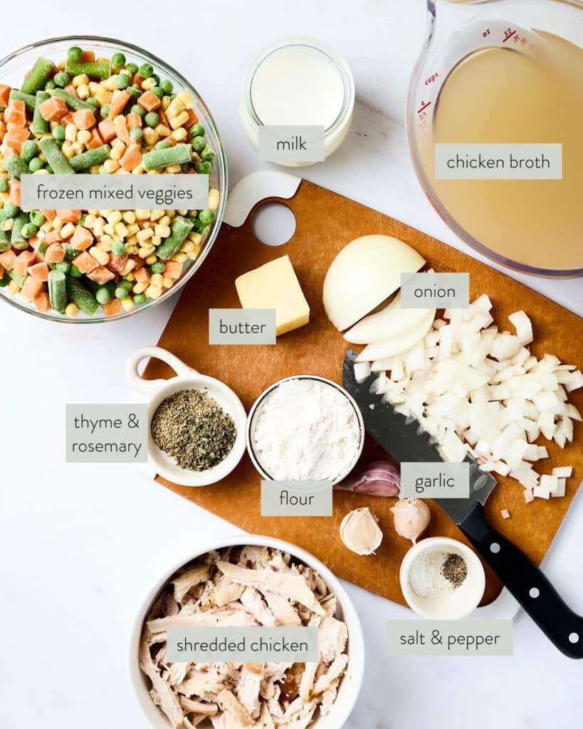 ingredients needed to make a chicken pot pie soup recipe.
