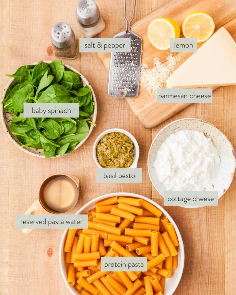 ingredients to make protein pesto pasta recipe.
