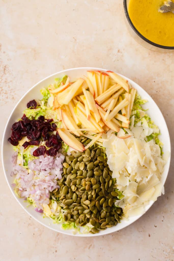assembled but not mixed together brussels sprout salad on white plate.