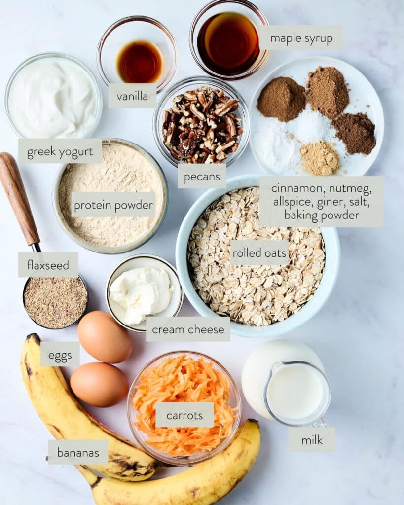 ingredients to make a high protein carrot cake baked oats recipe.