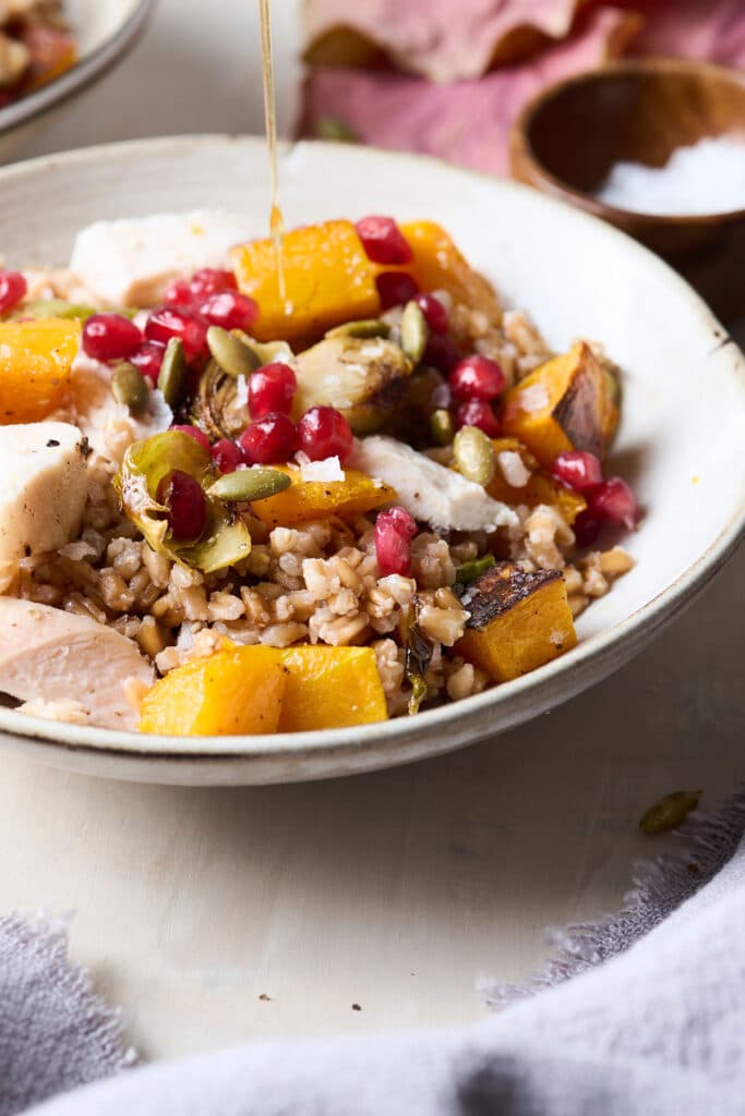 harvest grain bowl in a white bowl.